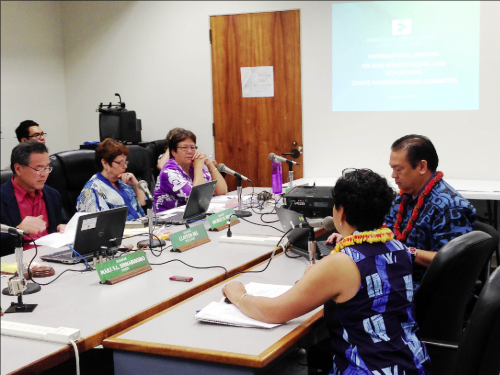 Director Jobie Masagatani and Deputy Darrell T. Young address the Senate panel during this morning's briefing at the Capitol.