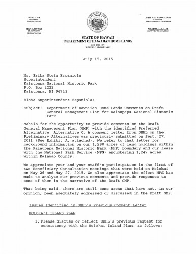 DHHL LTR to NPS - Kalaupapa GMP & EIS (July 15, 2015)-1