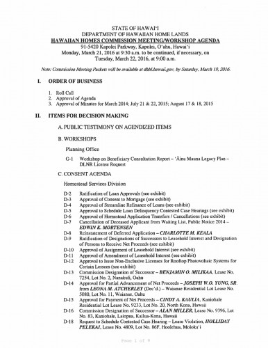 March 21 & 22, 2016 HHC Agenda